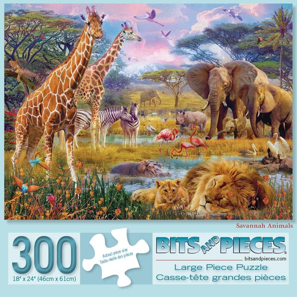 Bits and Pieces  Large 300 Piece Jigsaw Puzzle for Adults  Savannah Animals by Artist Jan Patrik, Completed Puzzle Size: 18" x 24"