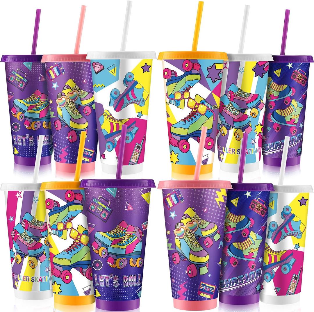 Tellingyou 12 Pack Roller Skating Party Favors Plastic Cups with Lids and Straws 24 oz Reusable Tumblers Water Bottles for Roller Skating Party Supplies