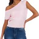 Forever 21 Women's Off The Shoulder Short Sleeve Sweater with Rib Waist (Large, Pink)