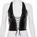 Women's Sexy Adjustable Spaghetti PU Leather Bustier Crop Tube Top Rave Dance Cutout Cami Tank Tops