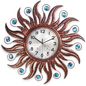 COOZZUHOUR 25 Inch Metal Sun Outdoor Shaped-Clock with Thermometer and Hygrometer Combo, Battery-Powered 10-inch Waterproof Dial and Silent Quartz Movement for Home Decorative Gifts(Bronze)