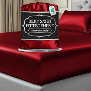 DECOLURE Satin Fitted Sheet Queen Size (1 PC) – Luxuriously Smooth & Softer Than Silk Bed Sheets w/ 15 Inch Deep Pocket Hypoallergenic Wrinkle Free, Secure Snug Fit, Elastic Corner Straps (Red)