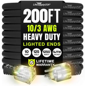200ft Outdoor/Indoor Extension Cord 10/3 Gauge Ultra Heavy Duty 3 Prong SJTW, Waterproof, Flexible Cold-Resistant Long Power Cord,10A 125V 1000W, Black by LifeSupplyUSA
