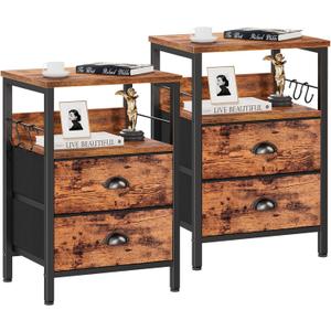 Furologee Nightstands Set 2, Bedside Table with 2 Fabric Drawers, End Table with Hooks and Shelf, for Bedroom/Living Room/Study/Hallway/Brown Furologee Nightstands Set 2, Bedside Table with 2 Fabric Drawers, End Table with Hooks and Shelf, for Bedroom/Living Room/Study/Hallway/Brown