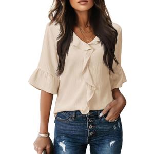 siliteelon Beige Tops for Women Dressy Casual 3/4 Sleeve Ruffle Bell Blouse Business Formal Work Shirt Trendy 2026 Apricot XL