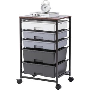 SYKIARIOL Utility Cart with 5 Drawers,Storage Drawer Cart with Wooden Tabletop and Lockable Wheels,Craft Storage Trolley Cart,5-Tier Rolling Utility Cart on Wheels,Dark Grey