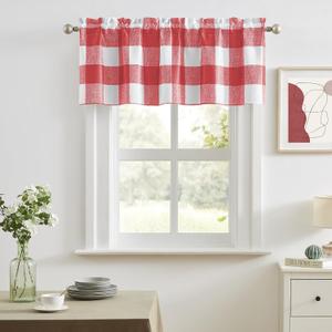 Melodieux Buffalo Check Plaid Valance Curtains for Kitchen Bedroom Windows, Farmhouse Checkered Rod Pocket Blackout Curtain Valances for Living Room, Red, 50 x 18 Inch