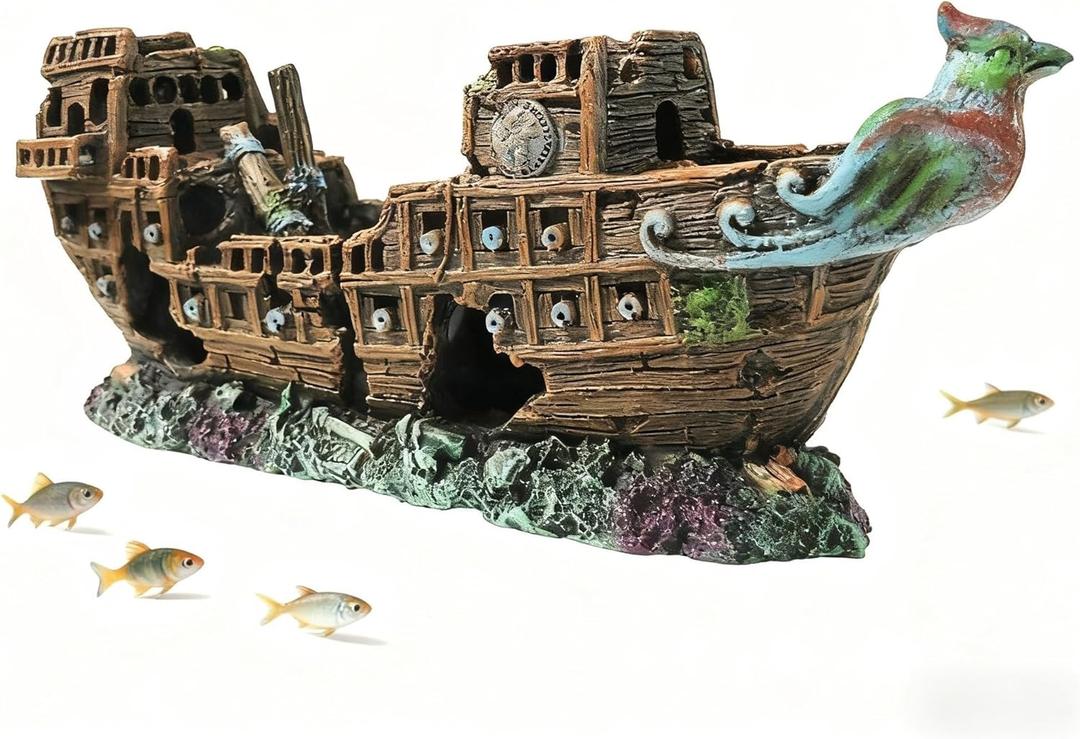 Aquarium Shipwreck Decoration,Pirate Ship Ornament Made of Resin, Eco-Friendly Sunken Ship Accessory for Freshwater & Saltwater Tanks
