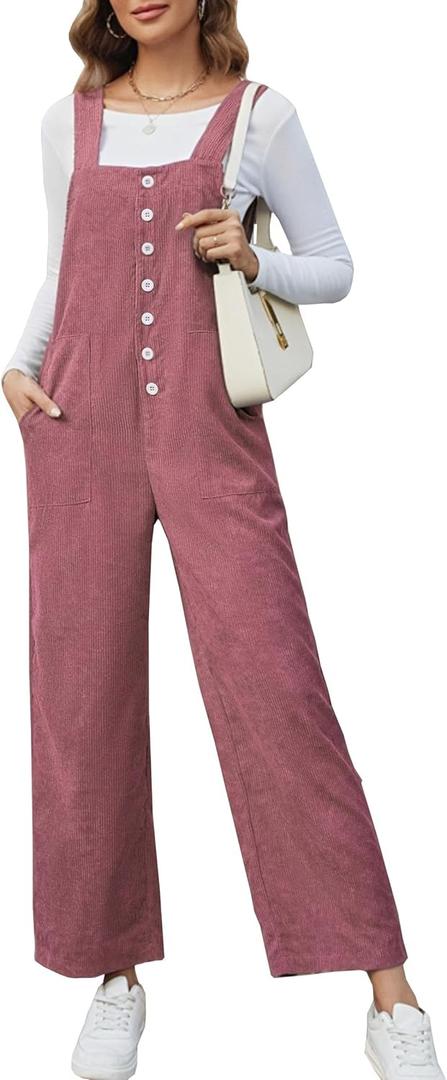 Angashion Corduroy Overalls For Women - Casual Bib Jumpsuits Adjustable Straps Wide Leg Pants Button Up Overall With Pockets