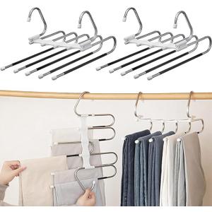 Space Saving Pants Hangers with Metal Clips, 2 Pack, Multi-Layer Closet Organizer for Trousers and Scarves