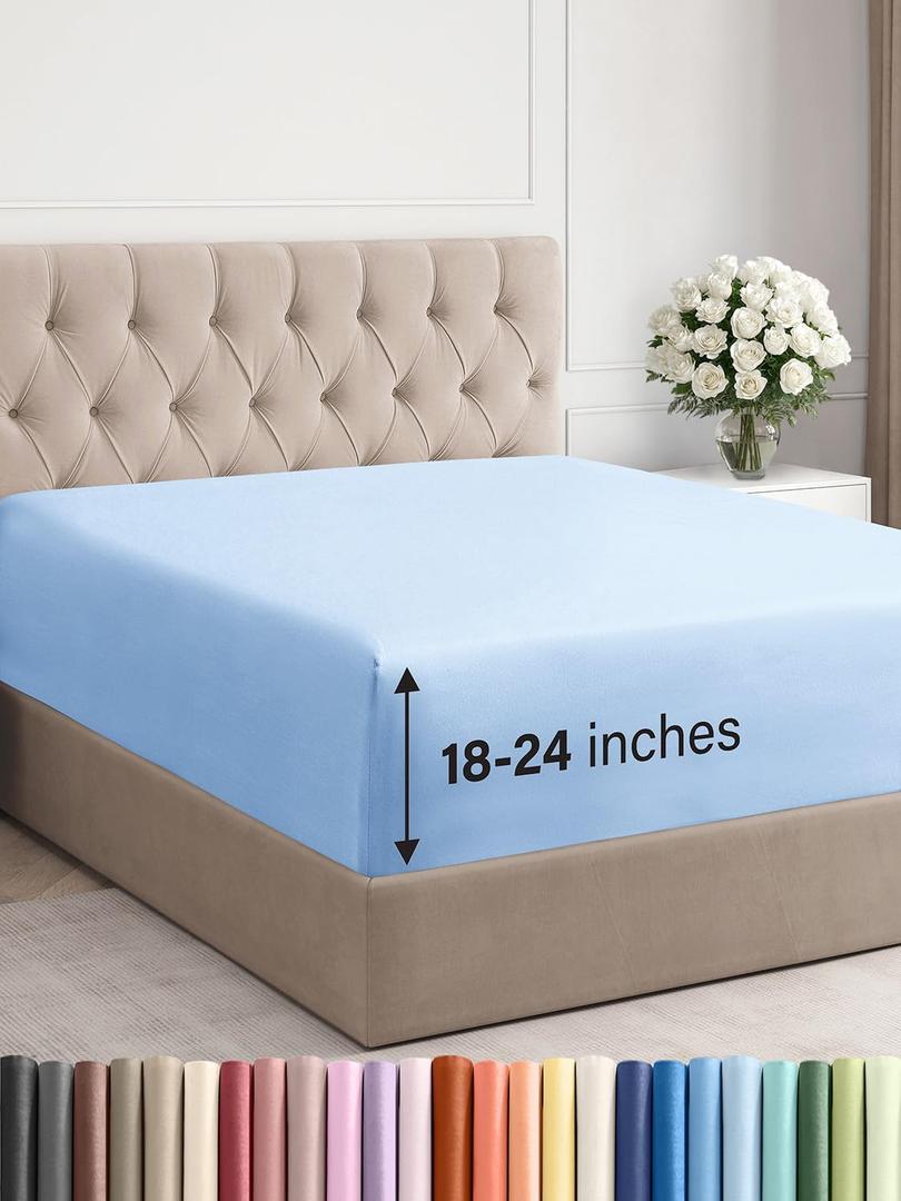 Extra Deep Queen Fitted Sheet - Hotel Luxury Single Fitted Sheet Only - Easily Fits 18 inch to 24 inch Mattress - Ultra Soft, Wrinkle & Fade Free w/Extra Deep Pocket - Breathable & Comfy - Light Blue (19 - Baby Blue)
