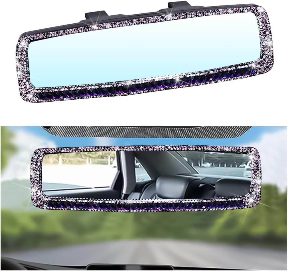 Bling Car Rear View Mirror, Rhinestones Crystal Clip-on Rearview Mirror with HD Glass, Compatible with Most Cars, SUVs, Vehicles, Auto Interior Accessories for Women Girl (Purple)