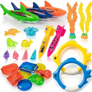 Pool Toys for Kids Ages 4-8, 26 Pcs Diving Toys, Diving Rings, Swimming Pool Games with Storage Net Bag, Torpedo, Gem, Sea Animal & Diving Ring, Pool Decoration, Summer Pool Party Toys