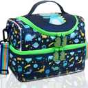 RHCPFOVR Kids Lunch Bag - Double - Decker Cooler Insulated Lunch Box for Boys Girls,Washable Lunch Bag with Strap and Reusable Toddler Lunchbox for School and Daycare (Dark Blue Dinosaur)
