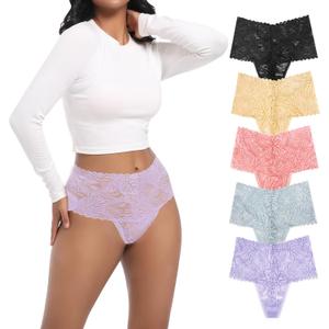 Retro Lace Thongs For Women Plus Size Breathable Seamless Cotton Panties Tummy Control High Waisted Underwear Pack 5 (XX-Large, Leaf Pattern-black+grey+nude+light Purple+pink)