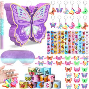 Pasimy 51 Pcs Butterfly Piata Set Butterfly Birthday Party Supplies Piata with Stick Blindfold Sticker Hairpin Ring Slap Bracelet Keychain Party Favors for Family Game Decoration(Purple)