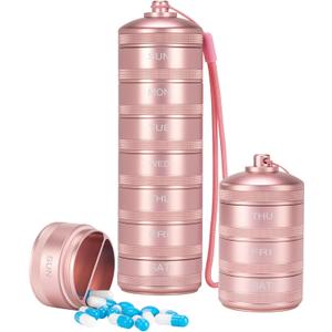 XHT Pink Weekly Metal Pill Organizer 7 Day 2 Times a Day  Aesthetic Waterproof AM PM Travel Pill Box, Heavy Duty Pill Holder and Medicine Pill Organizer for Vitamins, Fish Oil & Supplements