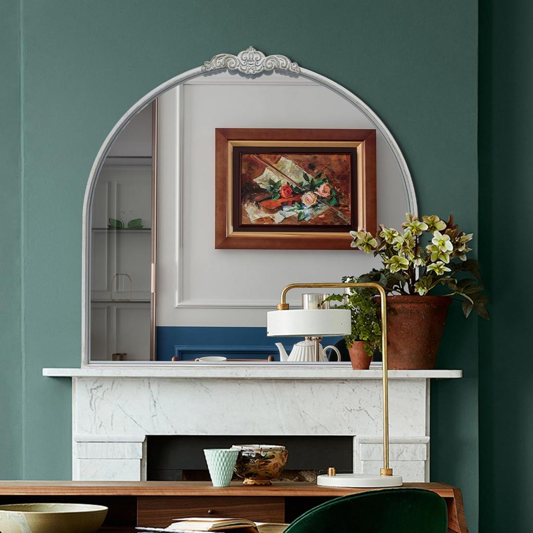 Wall Mirror White, Baroque Ornate Arch Mirror Vintage Farmhouse Frame, 28 x 28 Cemicircle Vanity Mirrors Decorative for Dining Living Washroom Sink, Entryway, Foyer, Over Fireplace Mantle