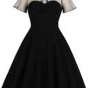 Women's Vintage Illusion Polka Dot Embroidery Keyhole Tie 1950s A-line Cocktail Dress 50s 60s Retro Summer Evening Party Wedding Formal Prom Dance Swing Dresses Black, Large