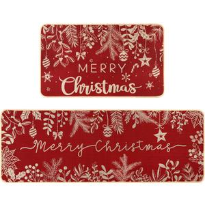 DIYDEC Christmas Kitchen Rugs Set of 2 Merry Christmas Kitchen Mats for Floor Winter Decor Holly Pine Branches Leaves Red Kitchen Rugs for Xmas Kitchen Bedroom Farmhouse Decorations Red