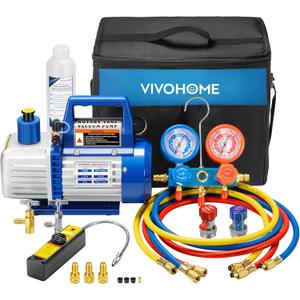 VIVOHOME 110V 1/3 HP 4CFM Single Stage Rotary Vane Air Vacuum Pump and R134a AC Manifold Gauge Set Kit with Leak Detector Carry Bag for HVAC Air Conditioning Refrigeration Recharging ETL Listed (blue)