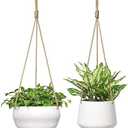 Mkono Ceramic Hanging Planter of Shallow 8 Inch and Deep 6 Inch for Indoor Outdoor Plants, Set of 2 Modern Plant Pot Geometric Porcelain Hanging Basket with Polyester Rope Hanger