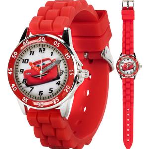 Disney Pixar Cars Kids' Time-Teaching Watch  Lightning McQueen Design with Red Silicone Strap, Easy-to-Read Dial, and Adjustable Fit for Wrists 5.5" to 8"