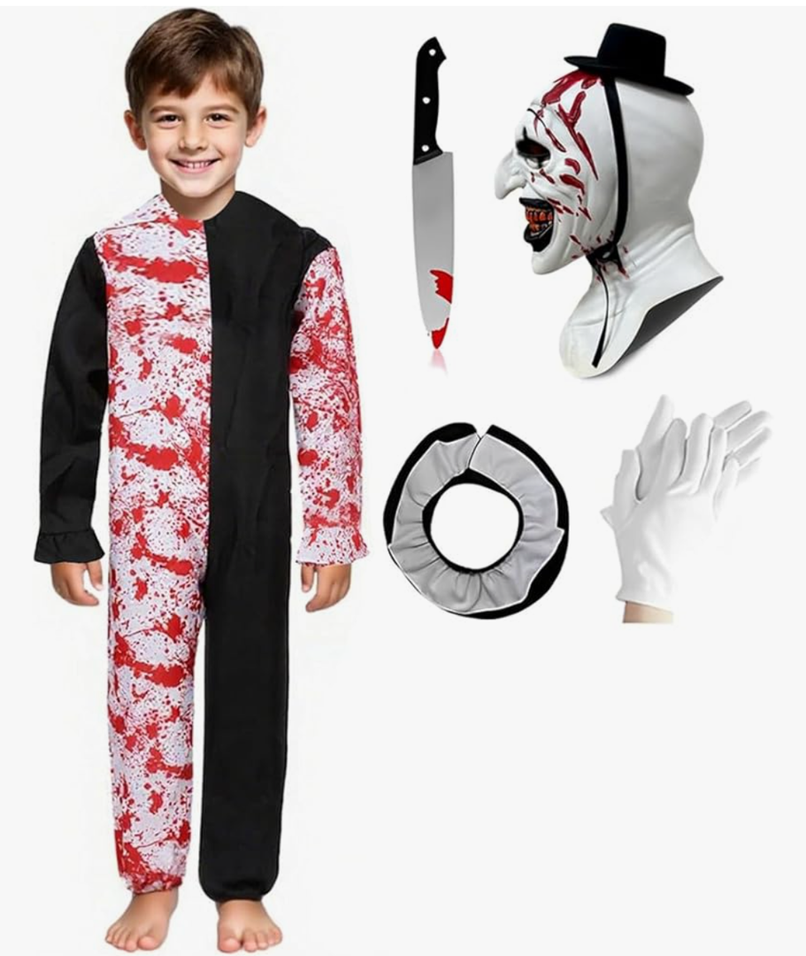 Brand: Kuberas
4.0
4.0 out of 5 stars
(240)
Kids Terrifying Costume Clown Costume Mask Killer Clown Halloween Cosplay Outfit for Boys Girls 4-14 Years