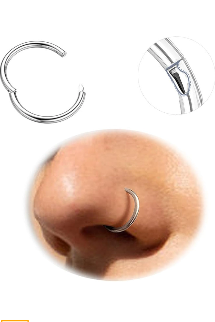 BodyBonita 2nd Gen Locking Hinged Nose Rings Hoops - 316L Surgical Steel 18G Septum Lip Rings Conch Piercing Jewelry 8mm One