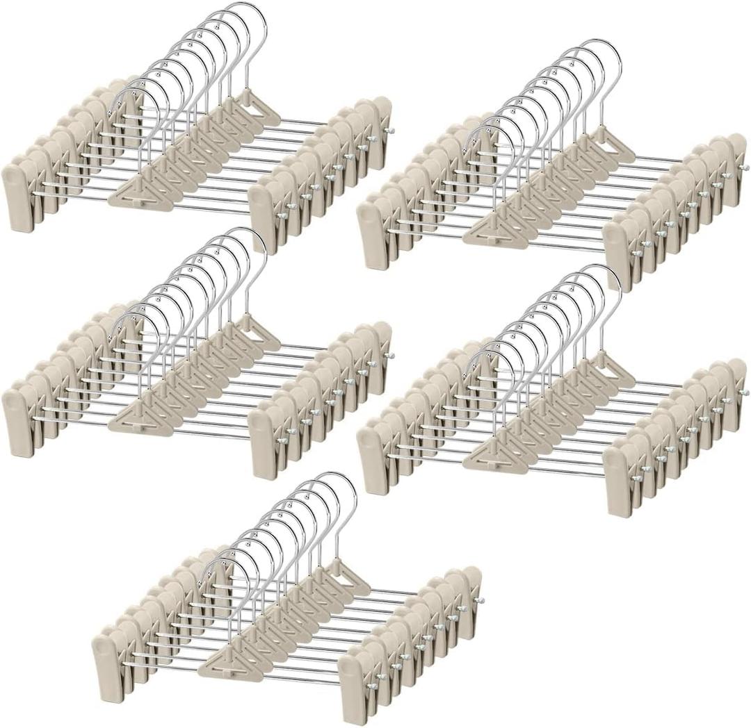 Pants Hangers with Clips 50 Pack - Space Saving Stackable Shorts Skirt Hangers with Clips - Non-Slip, Adjustable for Men, Women, Kids, Children, Baby, Beige