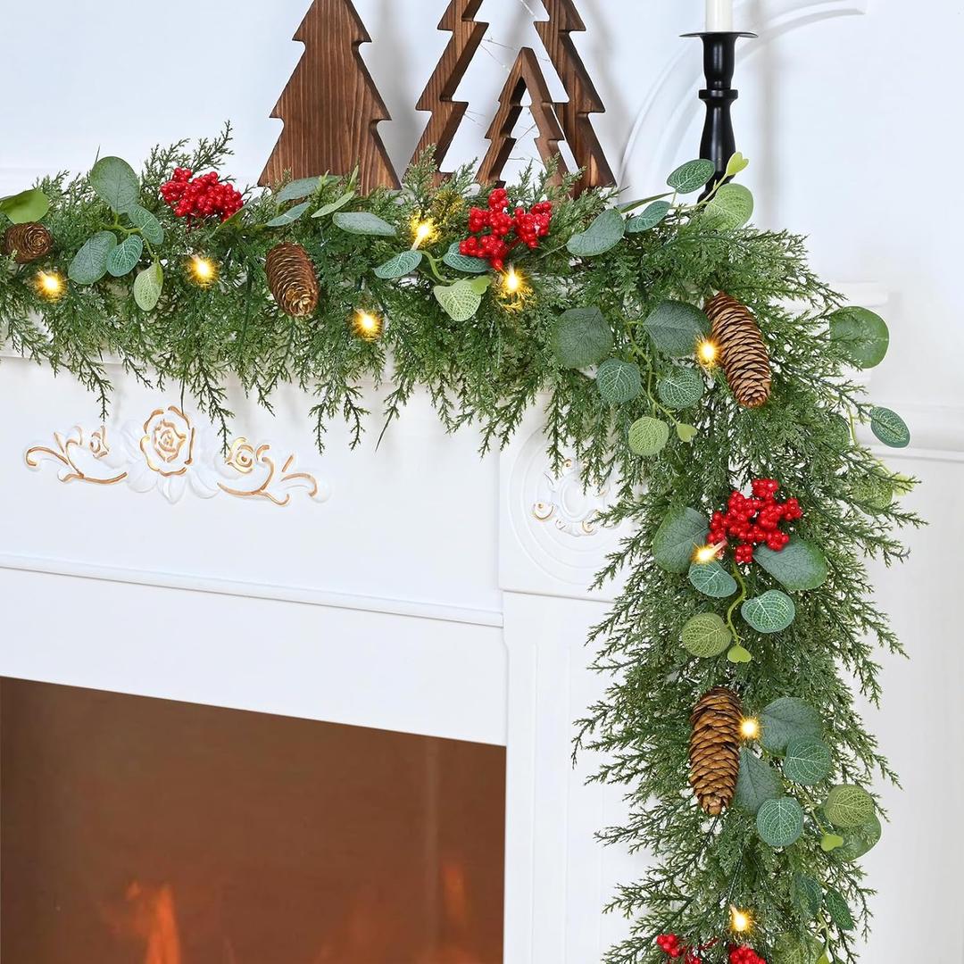 Waipfaru Christmas Decorations, 5.9FT Christmas Garland with Lights, Prelit Lighted Christmas Greenery Cedar Garland Cypress for Home Table Mantel Stair Railing Indoor Outdoor Xmas Decor (1Pcs)