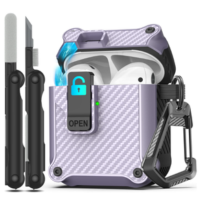 RFUNGUANGO for Airpods 2nd and 1st Generation Protective Cases Automatic Pop-up with Safety Lock Clip, Full Body Shockproof Hard Case with Keychain (Cleaning Tool)- Purple