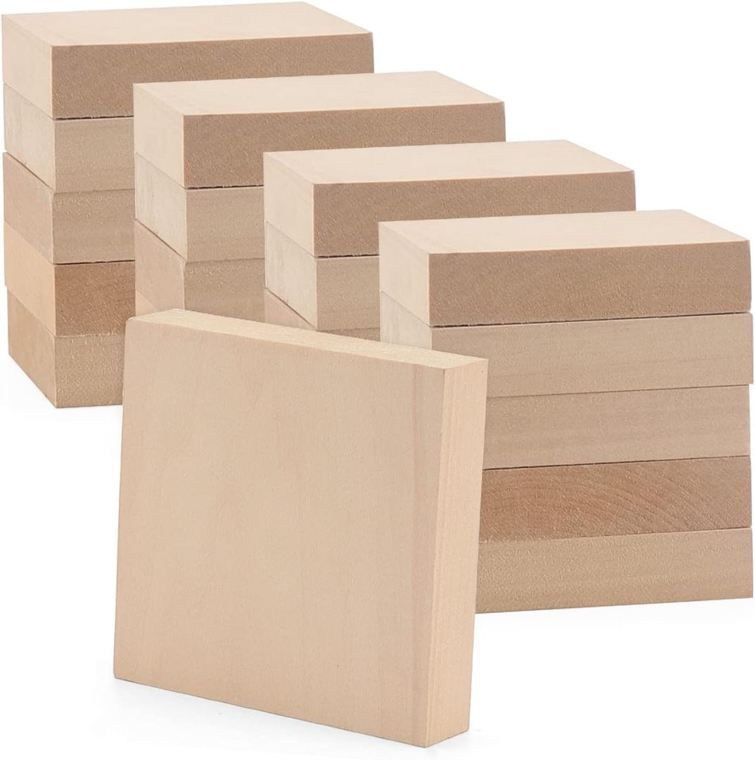 LEXININ 20 PCS 4 x 4 x 1 Inch Square Wood Carving Blocks, Unfinished Basswood Blocks, Blank Natural Wooden Blocks for Crafts, DIY Projects, Carving