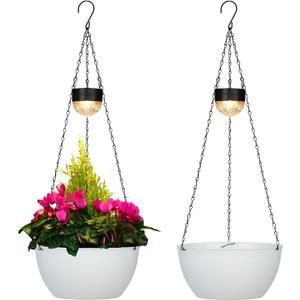 BAYN 2 Packs Solar Hanging Basket Planters for Plants Outdoor, Self Watering White Flower Plants Pots with Solar Light Drainer for Balcony Patio Garden Outdoor Decoration