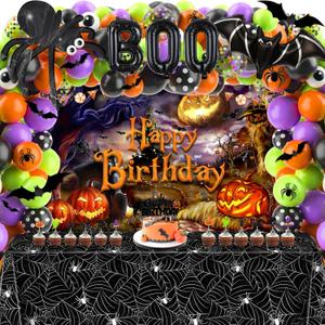 Halloween Birthday Decorations Party Supplies Halloween Themed Party Favors 105 Pcs Including Spider Web, Backdrop, Tablecloth, Cake Toppers, Spider Bat Wall Stickers, Balloons Arch and kit