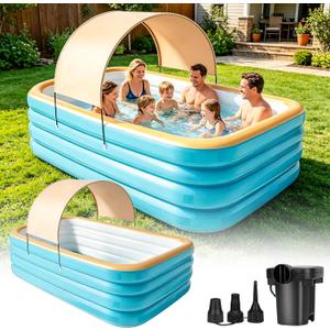 118" Deep Large Inflatable Pool with Removable Pool Canopy & Inflatable Pump, Backyard Family Pool, Outdoor Blow Up Pool for Adults & Kids, Summer Shaded Backyard Pool for Water Party