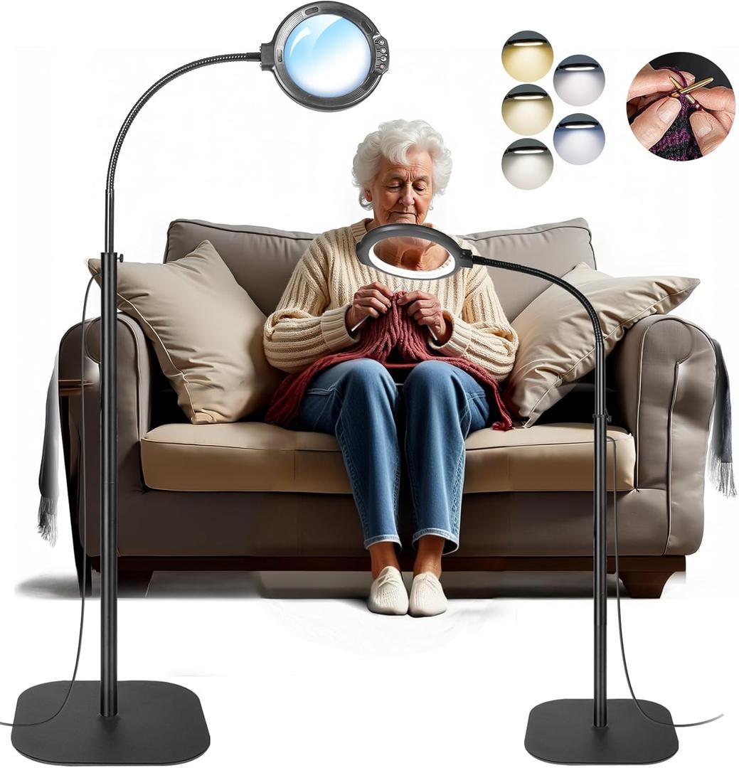 12X Large Magnifying Glass with Light and Floor Stand, Flexible Gooseneck Floor Lamp, 5.2" Lighted Magnifier Hands Free with 5 Color Mode 10 Adjustable Brightness, Clamp for Close Work,Sewing, Repair