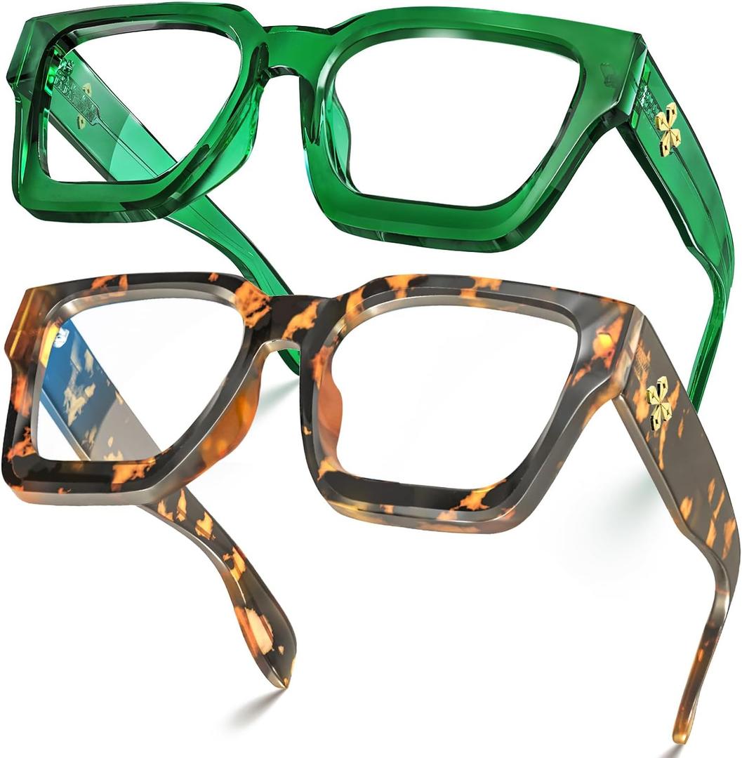 VISOONE 2 Pack Blue Light Blocking Glasses Rectangle Frame and Chic Preppy Look for Women Men RIVER (Coco Tortoise + Basil Green)