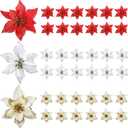 WILLBOND 45 Pieces Christmas Poinsettia Decorations Glitter Poinsettia Flowers Tree Flowers for Xmas Tree Ornaments, 5 Inch(Gold, Silver, Red)