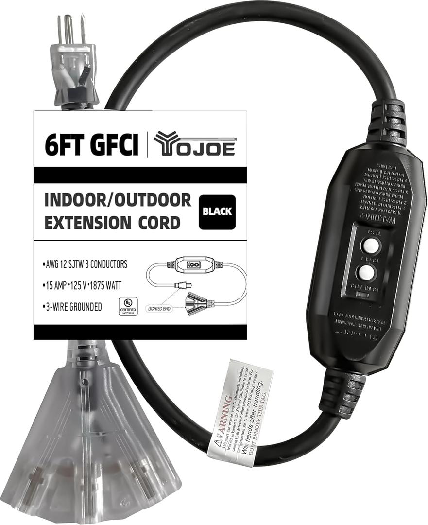 YOJOE 6 Foot GFCI Black Extension Cord, Lighted Outdoor 12/3 Cord with 3 Power Outlets,12 Gauge 3 Prong SJTW Heavy Duty Extension Cable with 3 Prong Grounded Plug for Safety, UL Listed