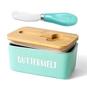ButterMelt Butter Dish with Lid, Large Butter Dishes for Countertop, Ceramics Butter Holder with 304 Stainless Steel Knife, Kitchen Food Container 6.3 x 3.5 x 2.7 inches, Sage
