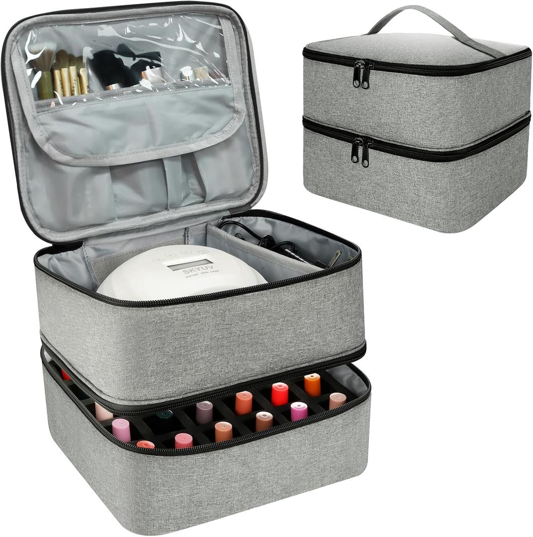 Nail Polish Organizer Bag, Double-Layer Nail Supplies Organizer Holds 30 Bottles & Nail Lamp, Professional Nail Kit Storage Carrying Case (Gray)