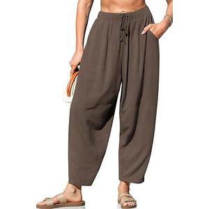 TARSE Women's Linen Harem Pants Casual Loose Fit Wide Leg Cropped Lightweight Drawstring Elastic Waist Pants with Pockets.M