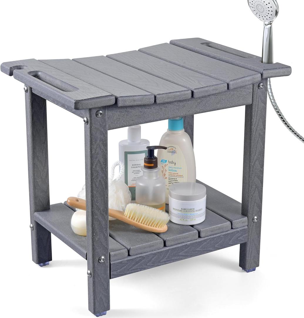 LyriFine Shower Bench - HDPE Waterproof Shower Bench for Inside Shower, 18.7" Shower Stool with Shower Head Holder, 350lbs Shower Seat with Storage Shelf, Shower Chair for Bathroom Indoor Outdoor Use (Grey)
