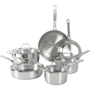 Sur La Table Kitchen Essentials Chef's Deck 10 Piece Stainless Steel Non Toxic Pots and Pans Kitchen Cookware Set w/Triply Encapsulated Base - Induction Safe