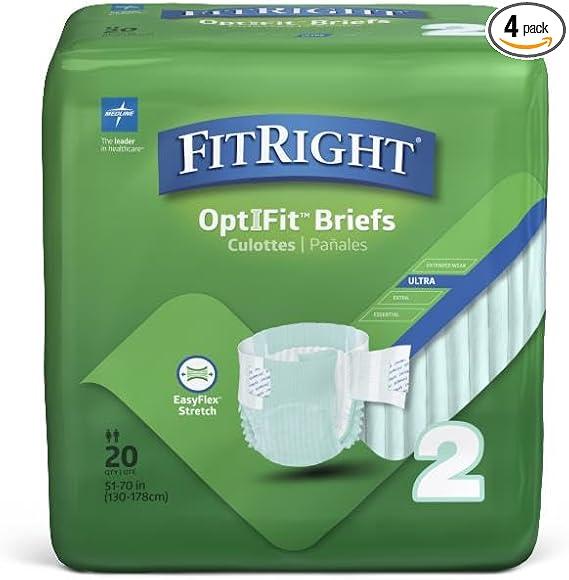 FitRight Stretch Ultra Adult Briefs, Incontinence Diapers with Tabs, Heavy Absorbency, Large/XL/2XL, 51 to 70", 20 Count (Pack of 4)