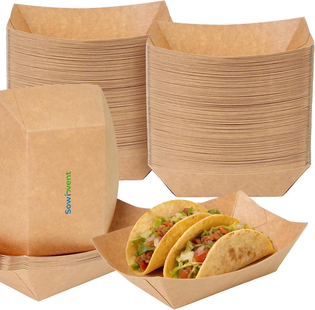 Disposable Kraft Paper Food Trays 5lb 100 Count, Oil Leak Proof Paper Food Boats & Hot Dog Trays, Disposable Serving Boats for Gameday, BBQ, Party, Burgers, Tacos, Fries