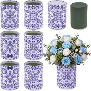 LemonRoad 6 Set Blue and White Porcelain Cylinder Planter Box with Paper Removable Foam Round Flower Box Chinoiserie Vase for Wedding Artificial Flowers Kitchen Party Table Centerpiece Home Decor