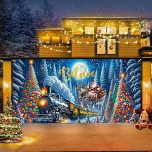 Christmas Train Garage Door Decorations Cover, Snowy Christmas Night Santa Claus Xmas Tree Moon Garage Door Banner Backdrop, Winter Wonderland New Year Eve Party Decor Banner Cover, 16X7FT (Blue)