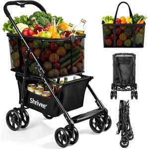 2 Tier Folding Shopping Cart with Removable Mesh Basket, Black